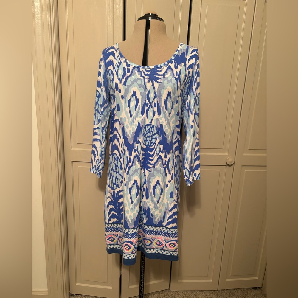 Lilly Pulitzer Blue White Pink Ikat-Style Long Sleeve Dress